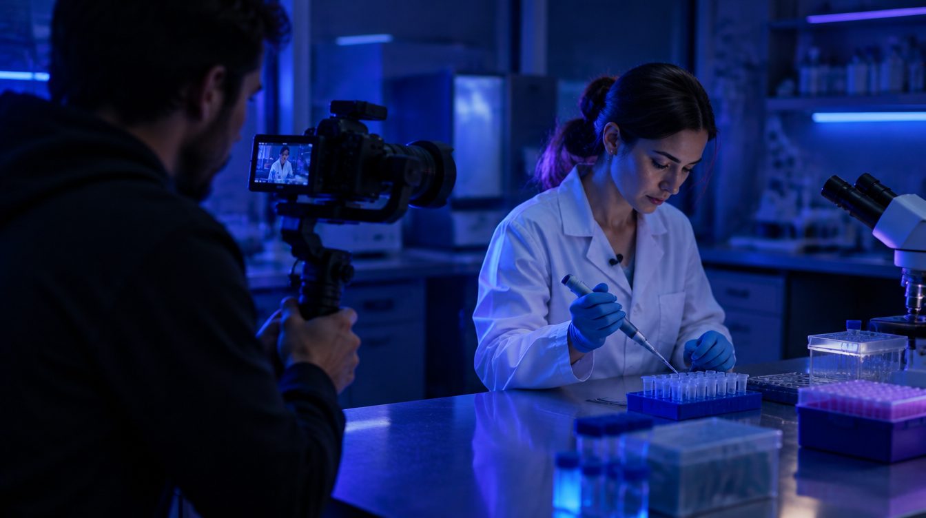 Equipe filmando uma profissional de laboratório na bancada